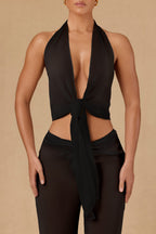 Chic Tie-Front Halterneck Crop Top in Black