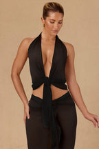 Chic Tie-Front Halterneck Crop Top in Black