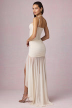 Chic Ruched Asymmetric Corset Gown in Ivory