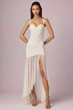Chic Ruched Asymmetric Corset Gown in Ivory