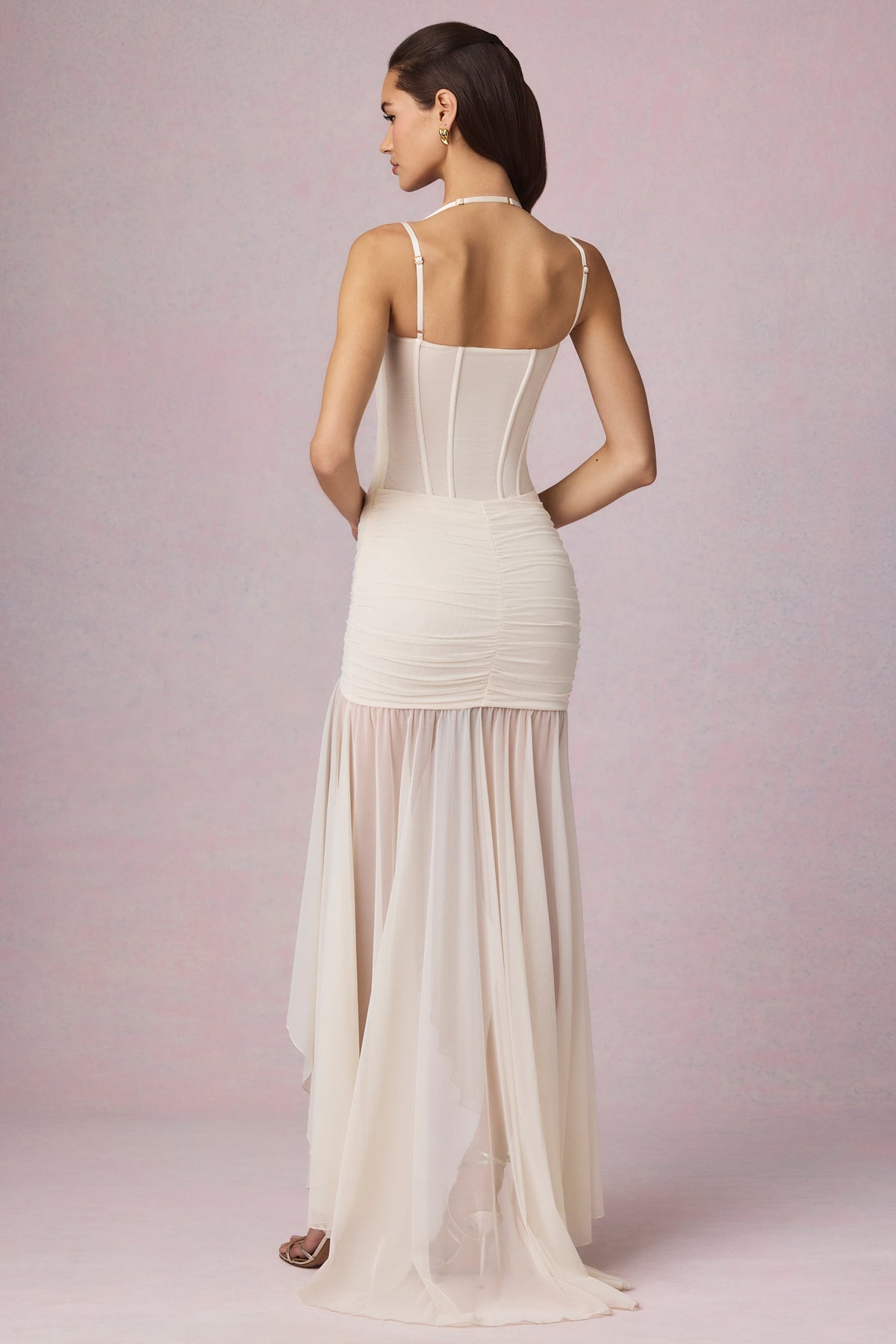 Chic Ruched Asymmetric Corset Gown in Ivory