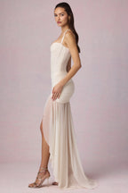 Chic Ruched Asymmetric Corset Gown in Ivory