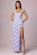 Chic Asymmetric Ruffled Lace-Up Gown in Lilac