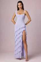 Chic Asymmetric Ruffled Lace-Up Gown in Lilac