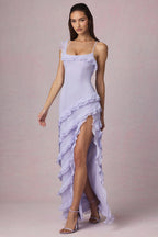 Chic Asymmetric Ruffled Lace-Up Gown in Lilac