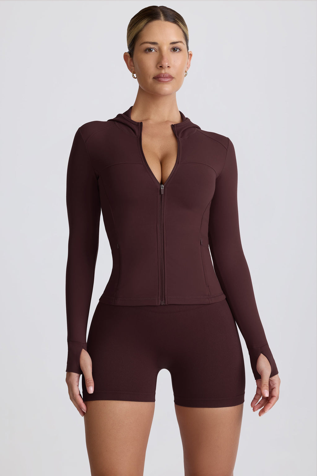 Chic Soft Active Hooded Mid-Layer Jacket in Chocolate