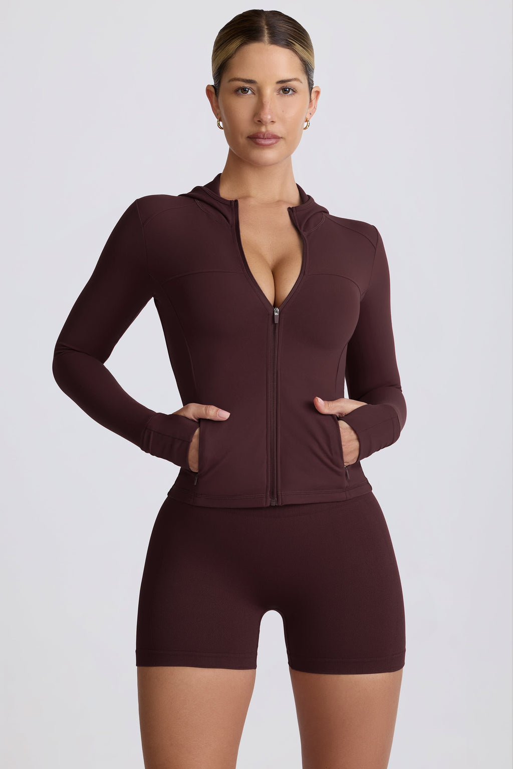 Chic Soft Active Hooded Mid-Layer Jacket in Chocolate