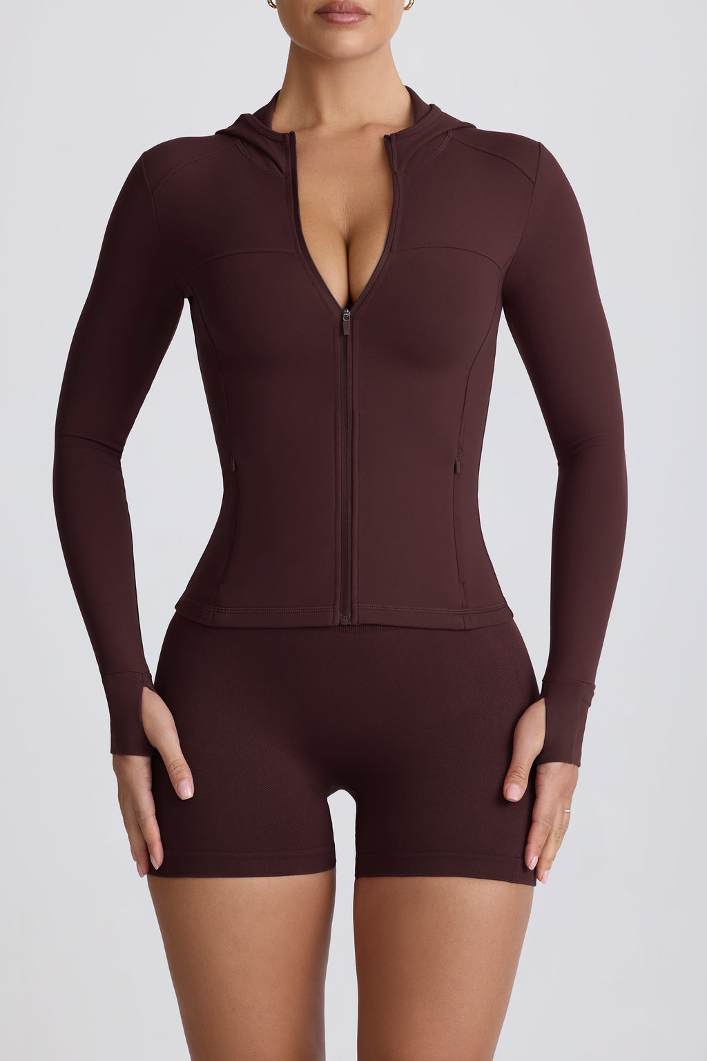 Chic Soft Active Hooded Mid-Layer Jacket in Chocolate