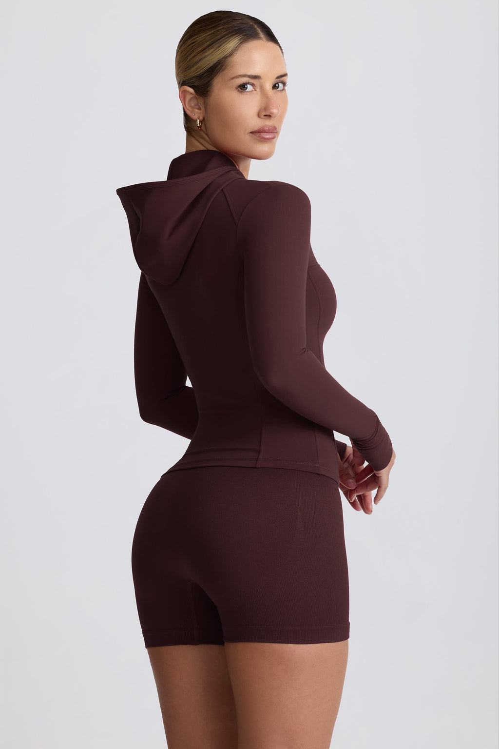 Chic Soft Active Hooded Mid-Layer Jacket in Chocolate