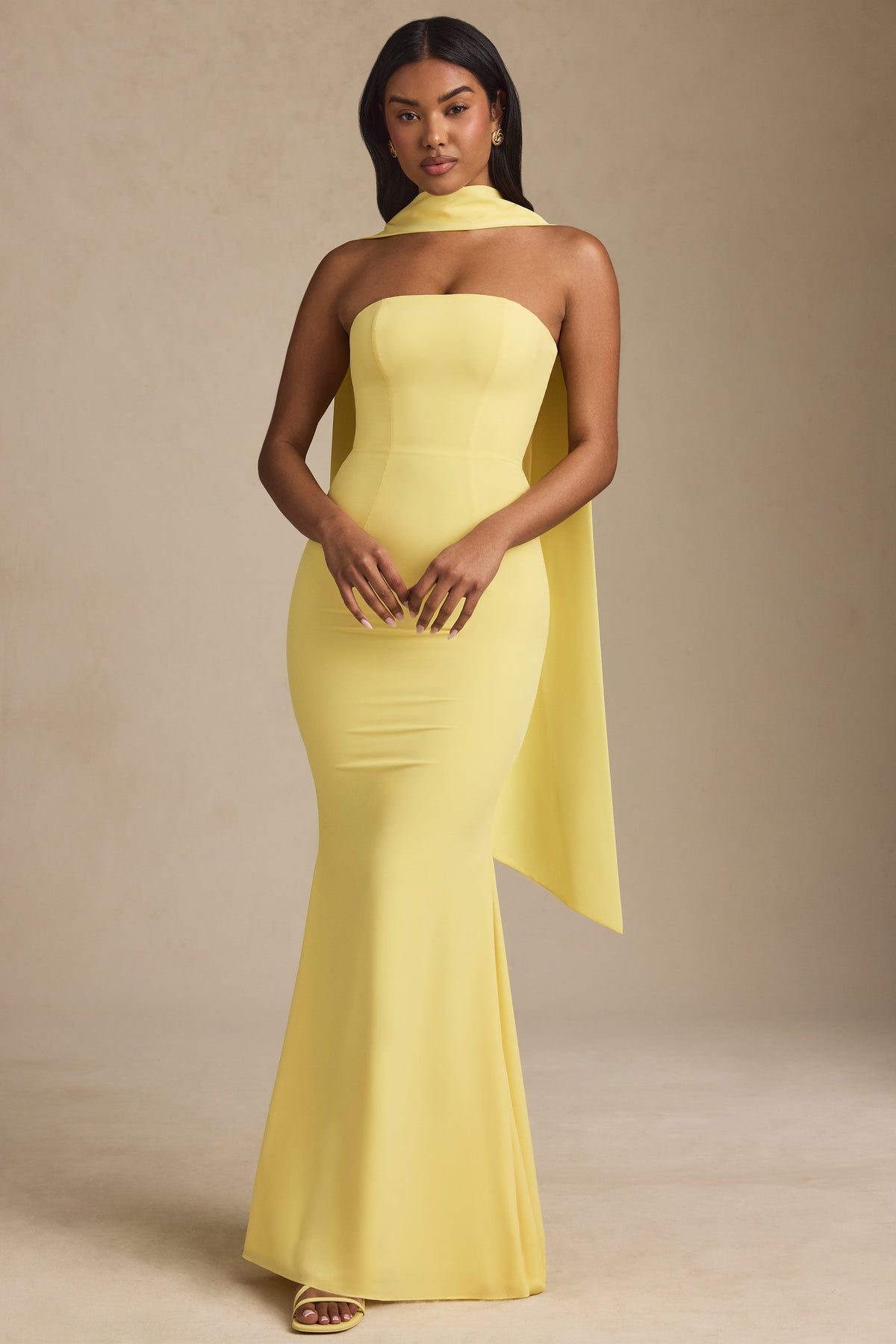 Chic Scarf-Detail Strapless Gown in Pastel Yellow