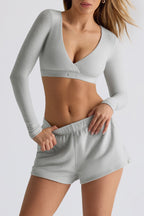 Chic Brushed Jersey V-Neck Crop Top in Fog Grey