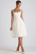 Chic Bow-Detail Pleated A-Line Midi Dress in Ivory