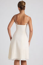 Chic Bow-Detail Pleated A-Line Midi Dress in Ivory