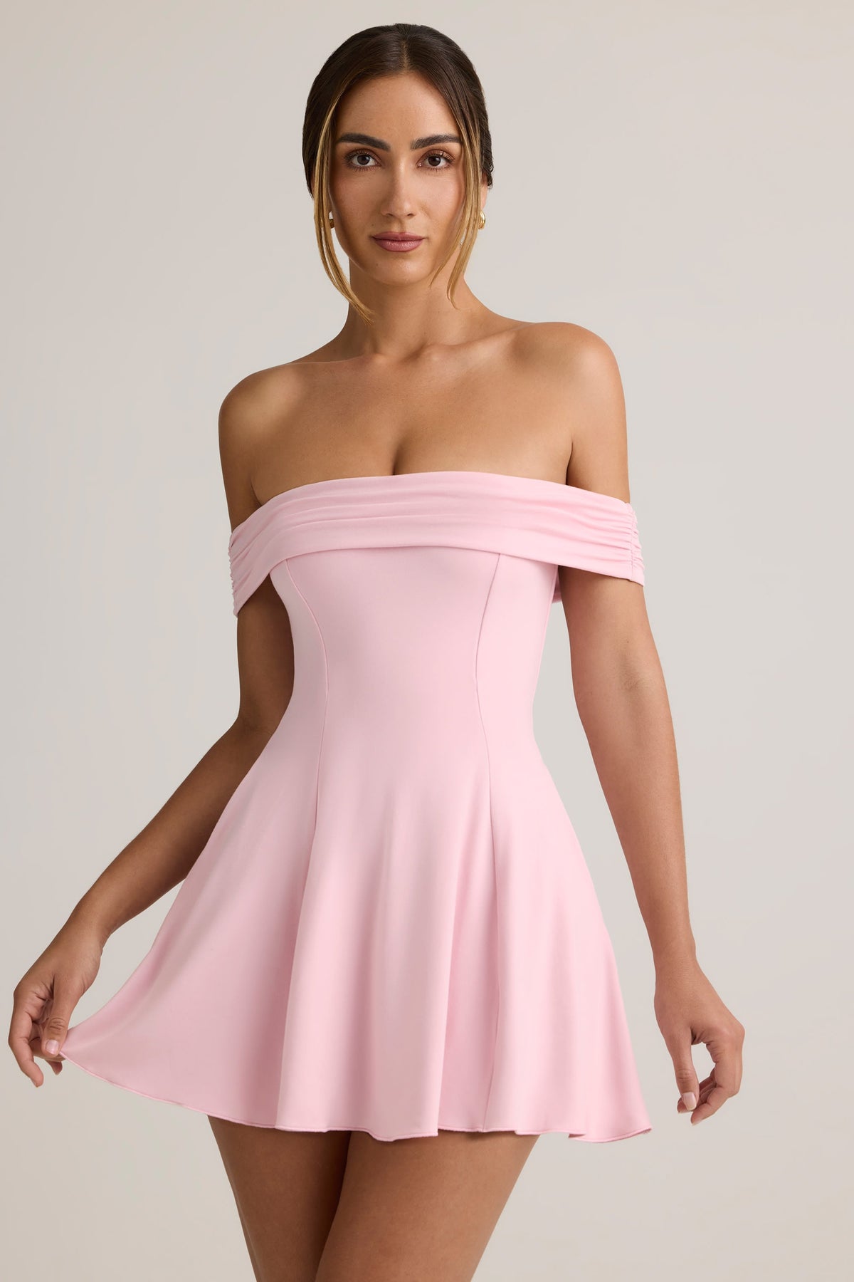 Chic Modal Off-Shoulder A-Line Mini Dress in Baby Pink