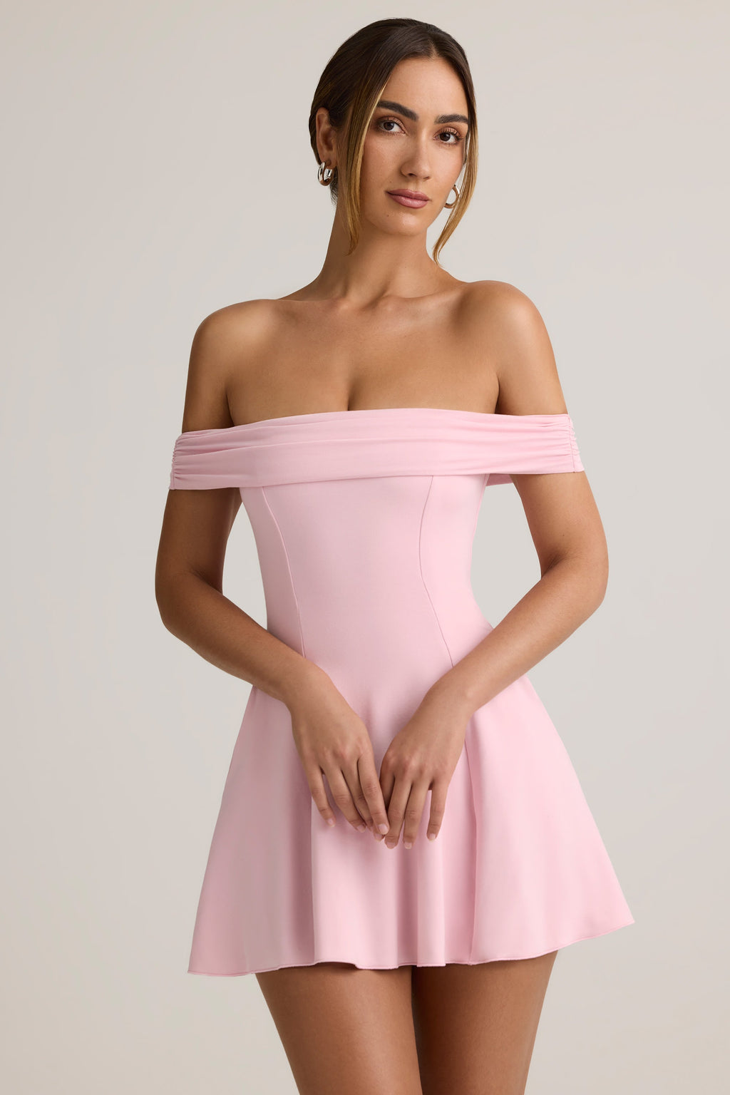 Chic Modal Off-Shoulder A-Line Mini Dress in Baby Pink