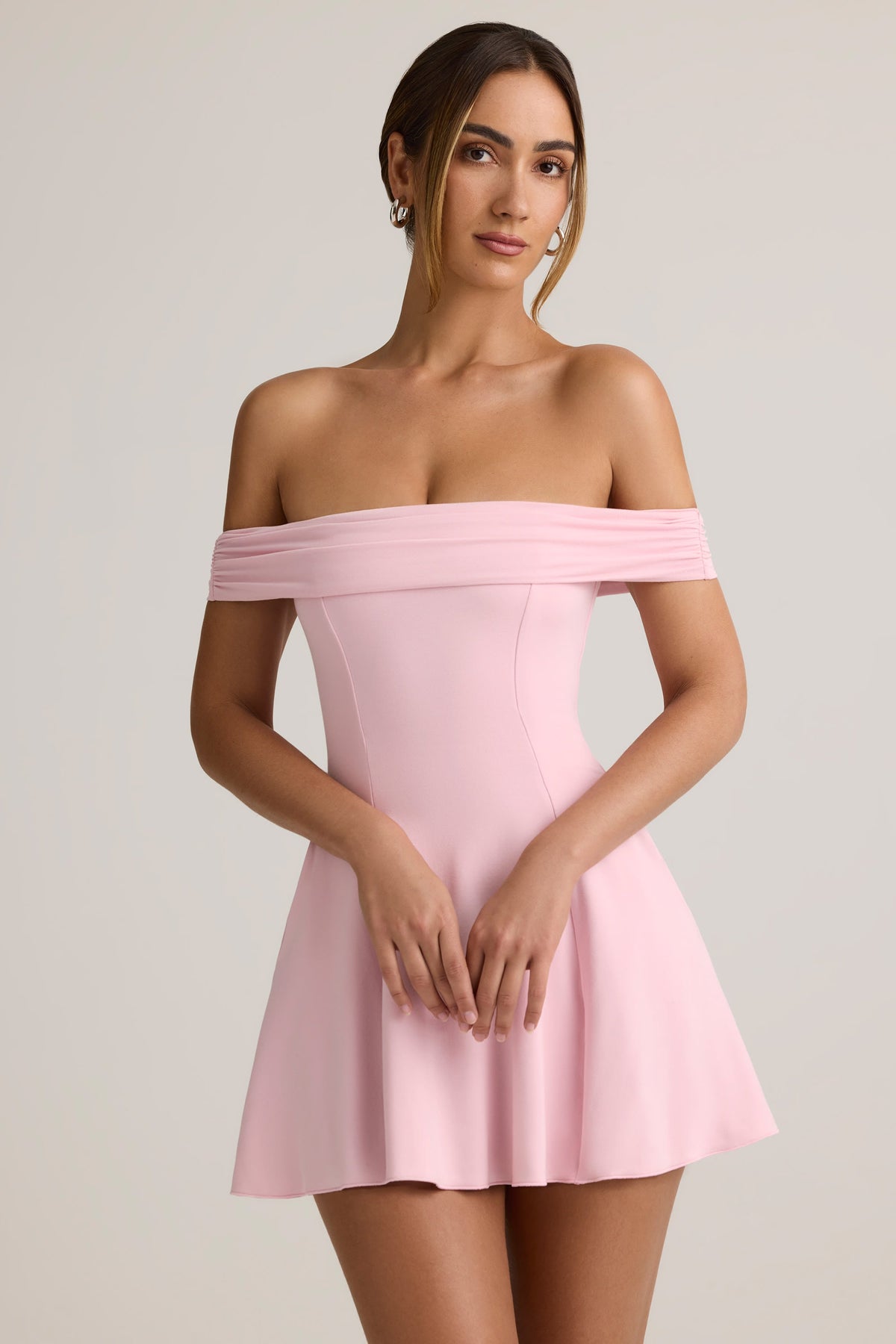 Chic Modal Off-Shoulder A-Line Mini Dress in Baby Pink