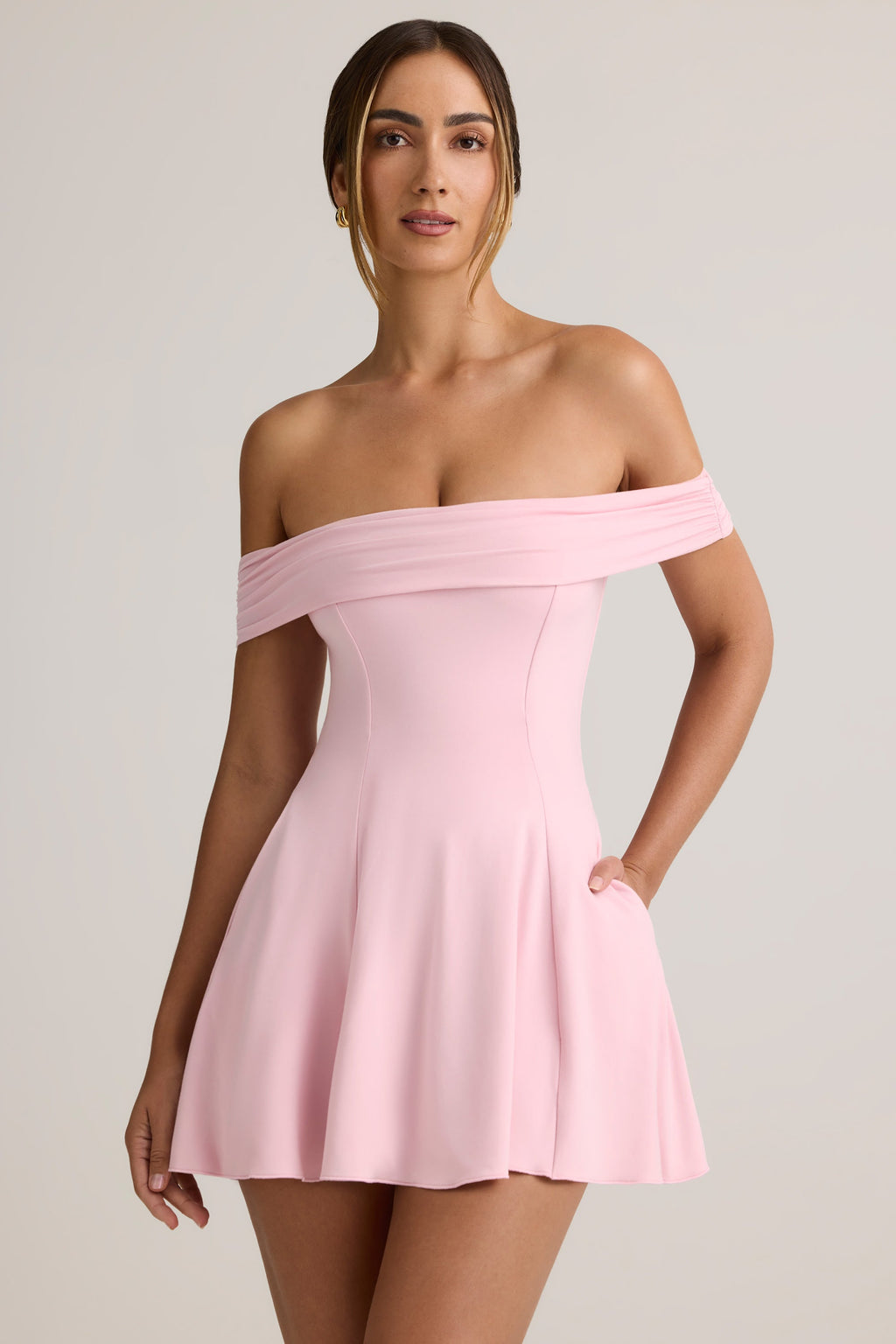 Chic Modal Off-Shoulder A-Line Mini Dress in Baby Pink