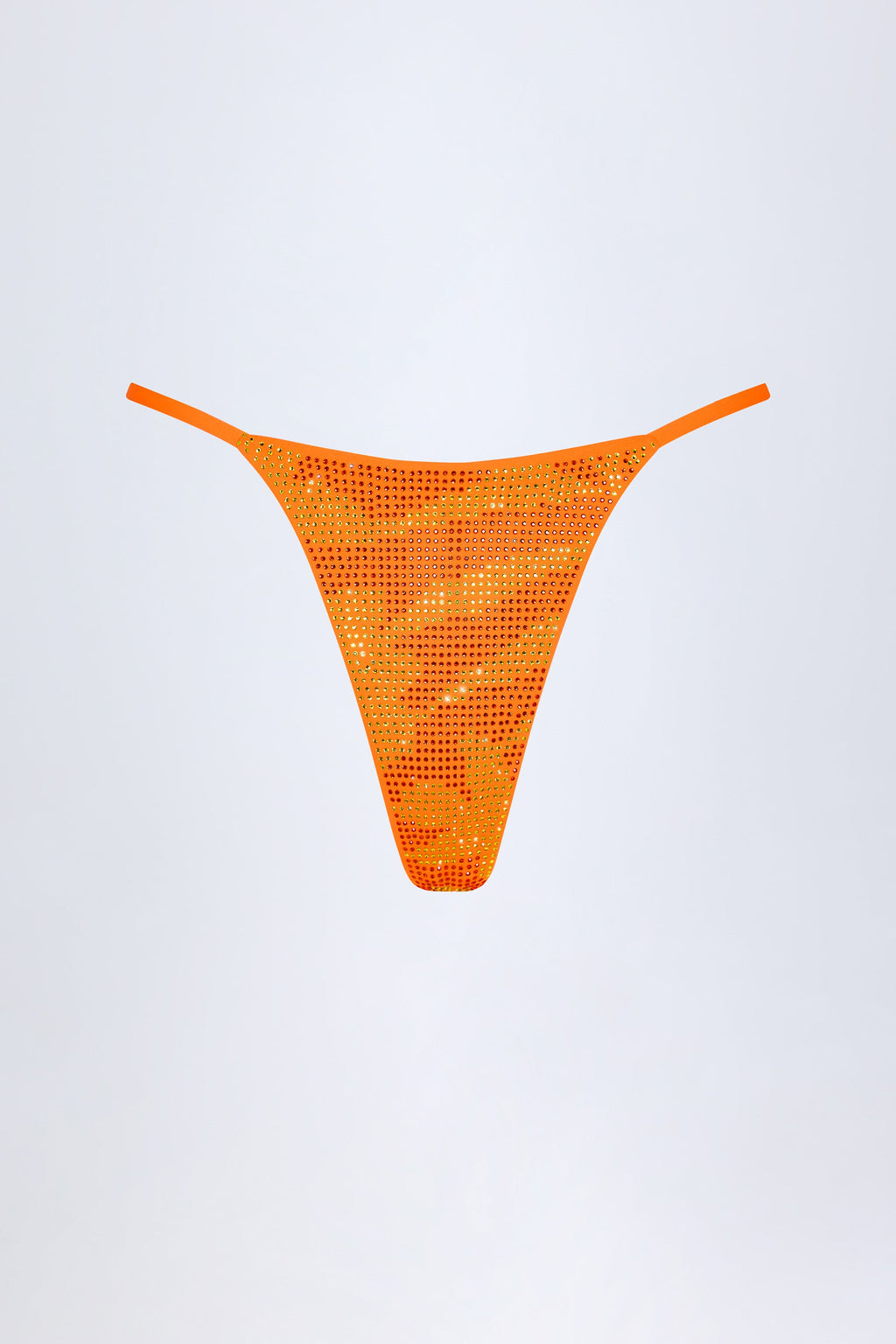 Chic Embellished Thong Bikini Bottoms in Orange Tropical Print