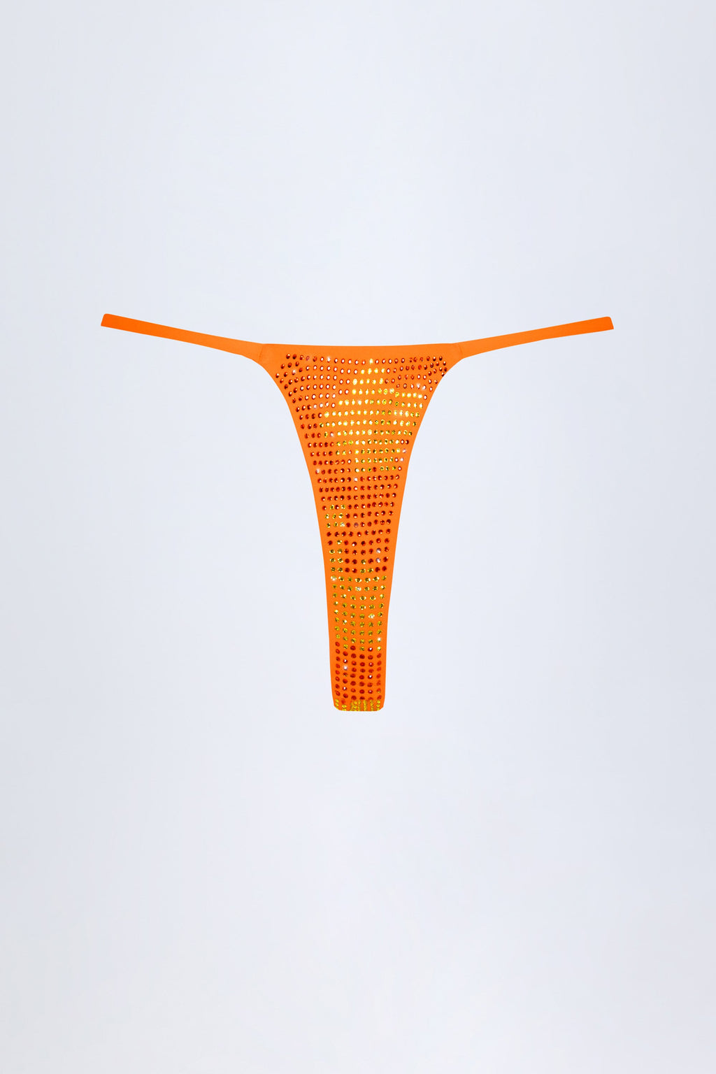 Chic Embellished Thong Bikini Bottoms in Orange Tropical Print