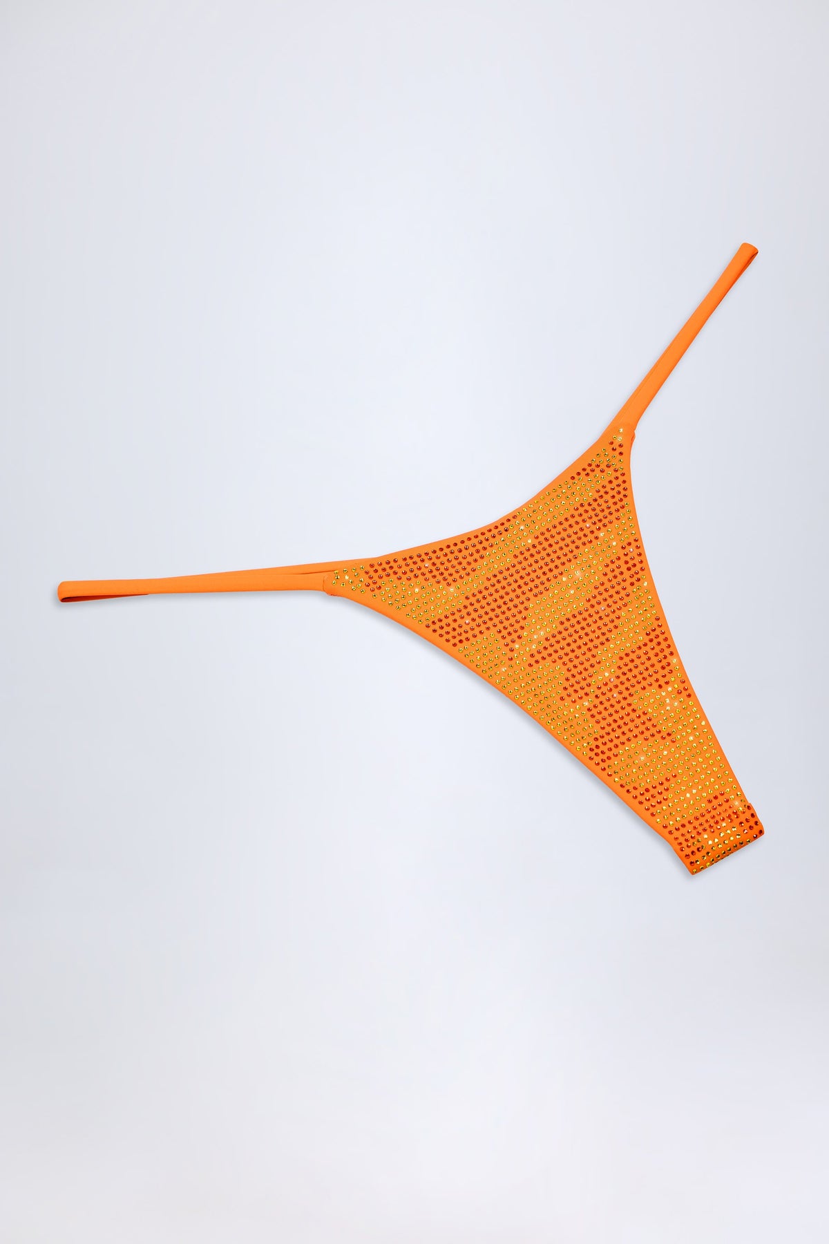 Chic Embellished Thong Bikini Bottoms in Orange Tropical Print