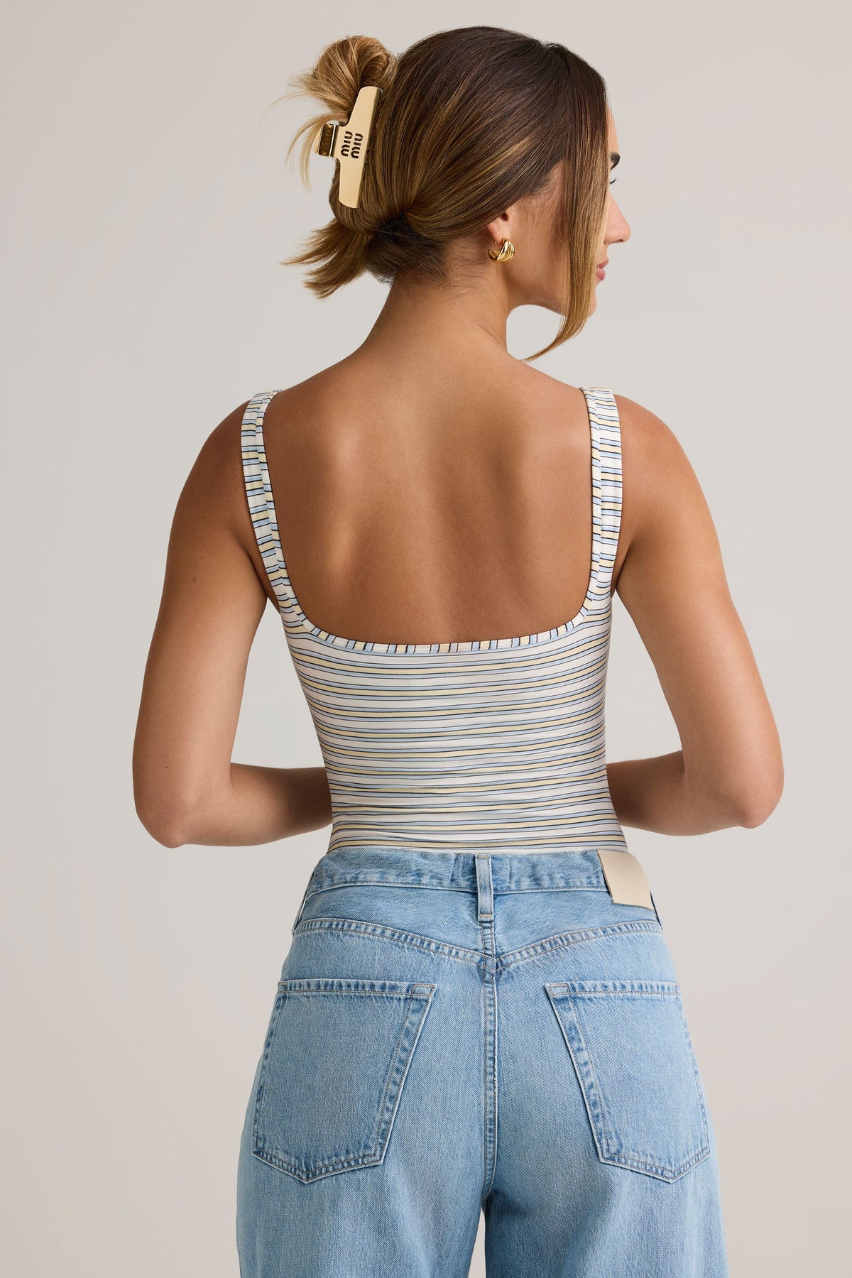 Chic Modal Square-Neck Bodysuit in Blue Yellow Stripe