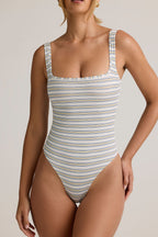 Chic Modal Square-Neck Bodysuit in Blue Yellow Stripe