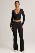 Chic Modal Ribbed Foldover Flared Trousers in Black