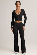 Chic Modal Ribbed Foldover Flared Trousers in Black