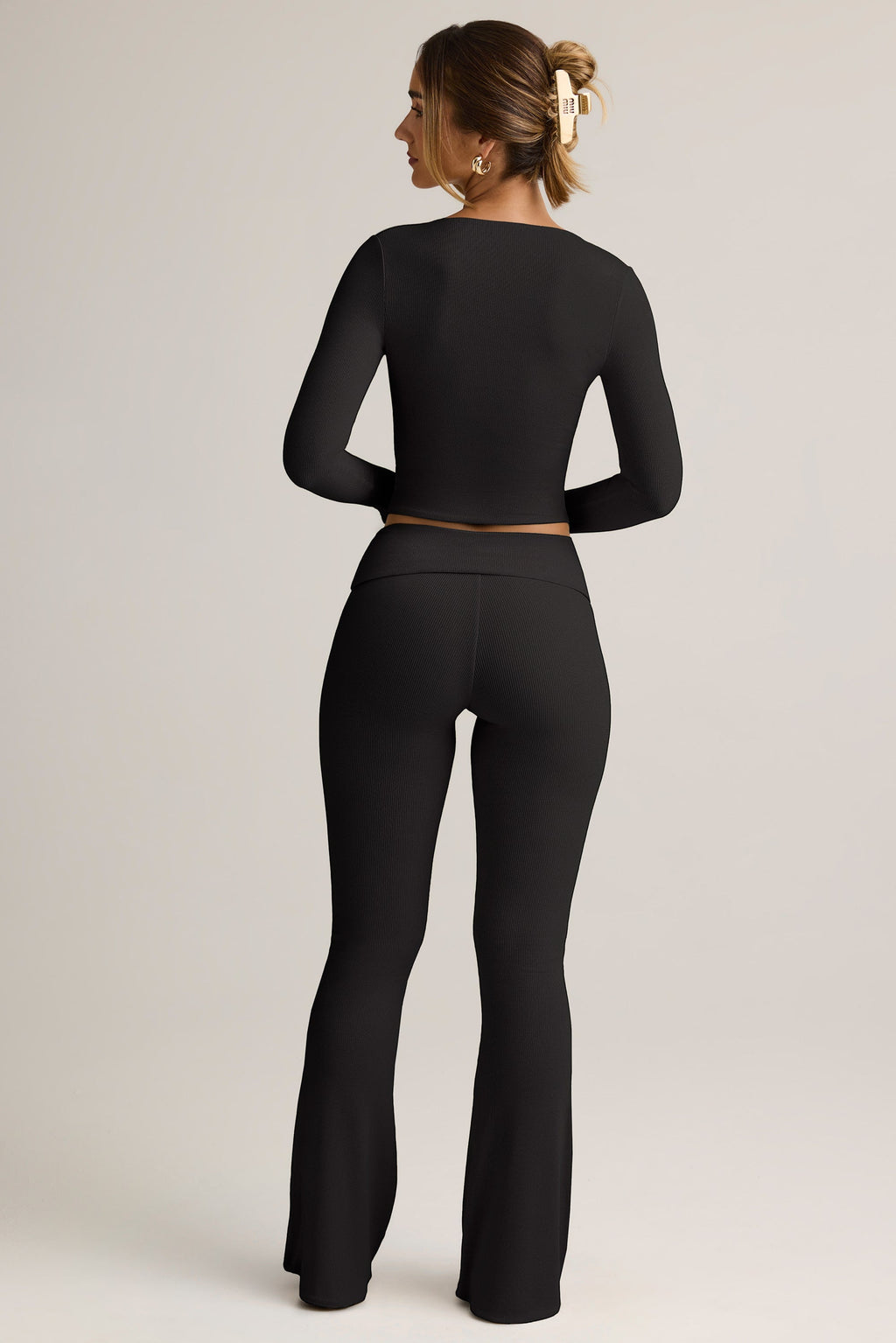 Chic Modal Ribbed Foldover Flared Trousers in Black