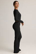 Chic Modal Ribbed Foldover Flared Trousers in Black