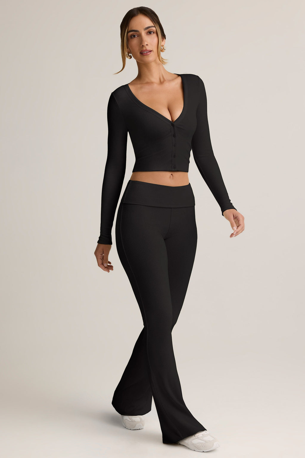 Chic Modal Ribbed Foldover Flared Trousers in Black