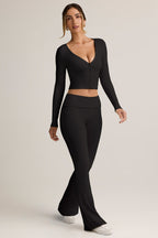 Chic Modal Ribbed Foldover Flared Trousers in Black