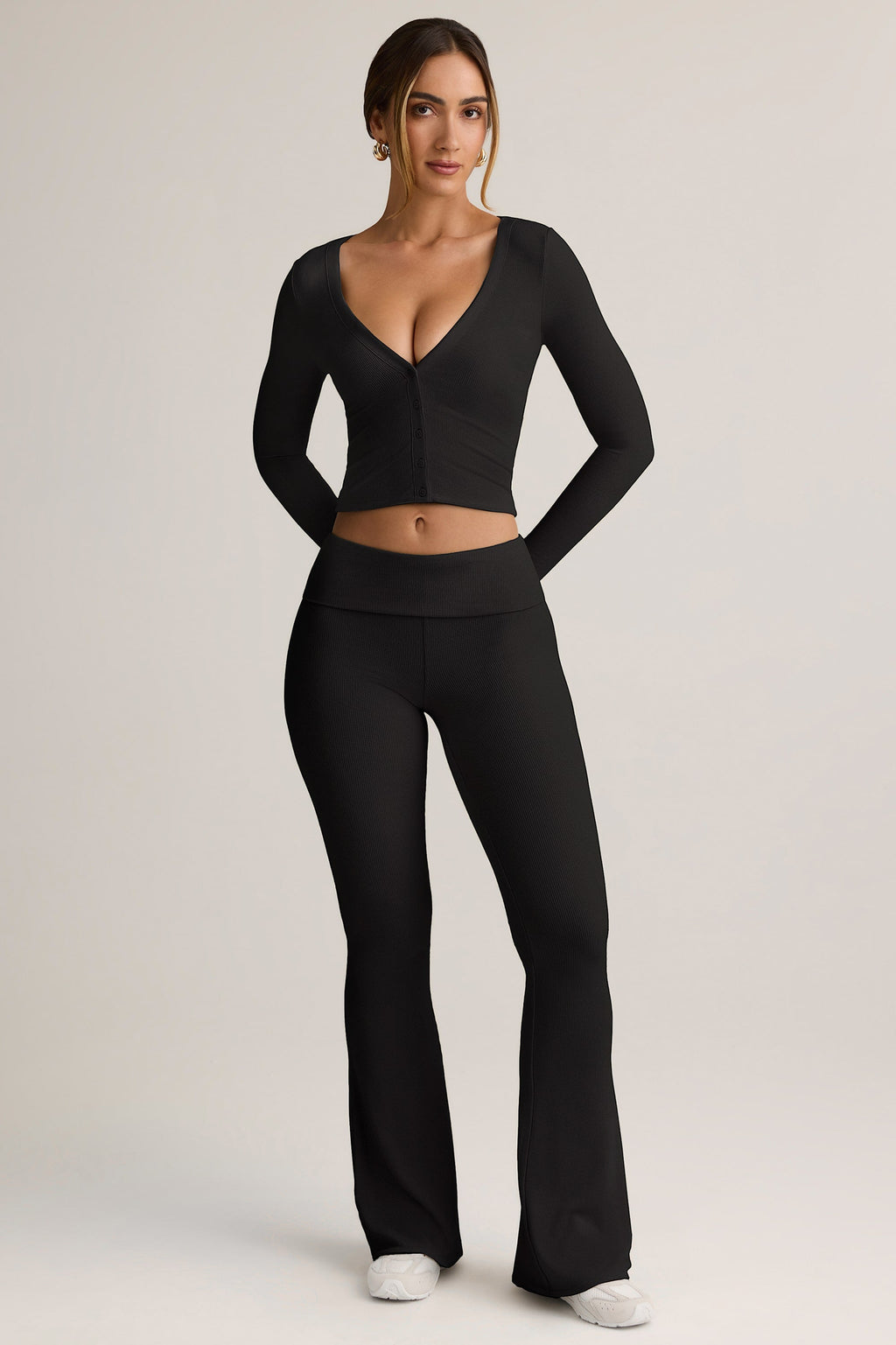Chic Modal Ribbed Foldover Flared Trousers in Black