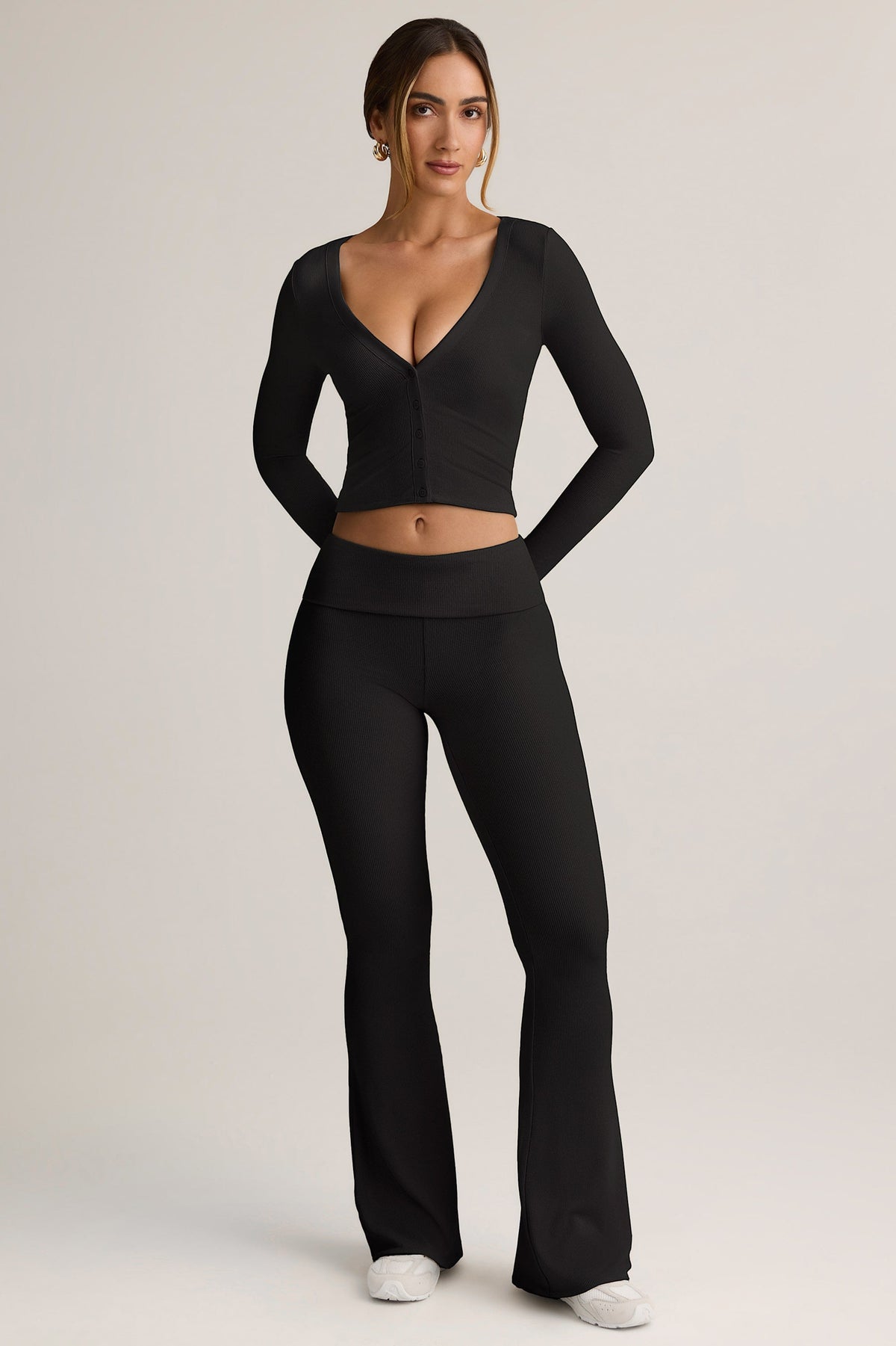 Chic Modal Ribbed Foldover Flared Trousers in Black