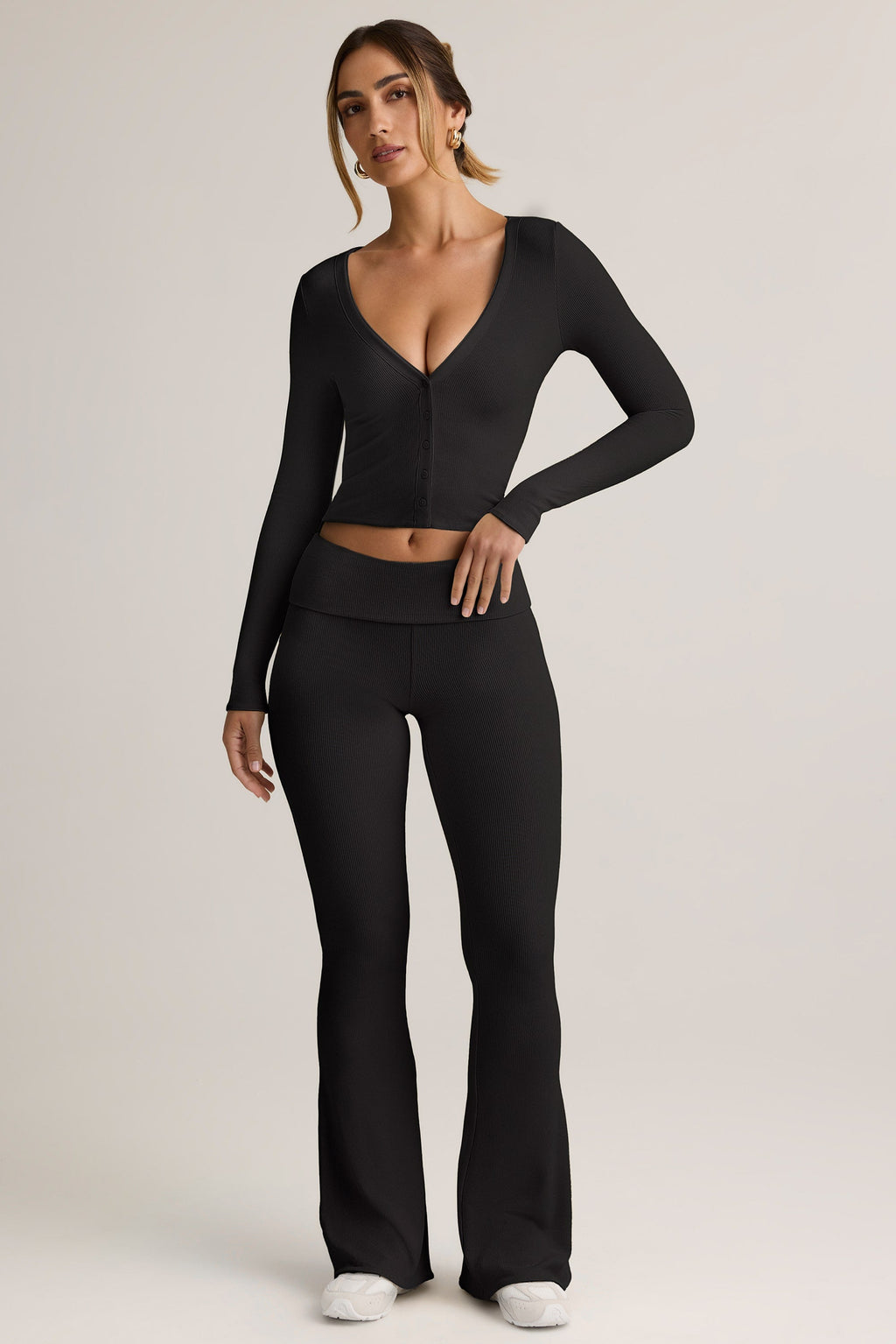 Chic Modal Ribbed Foldover Flared Trousers in Black