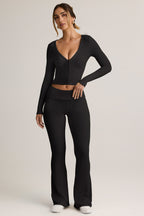 Chic Modal Ribbed Foldover Flared Trousers in Black