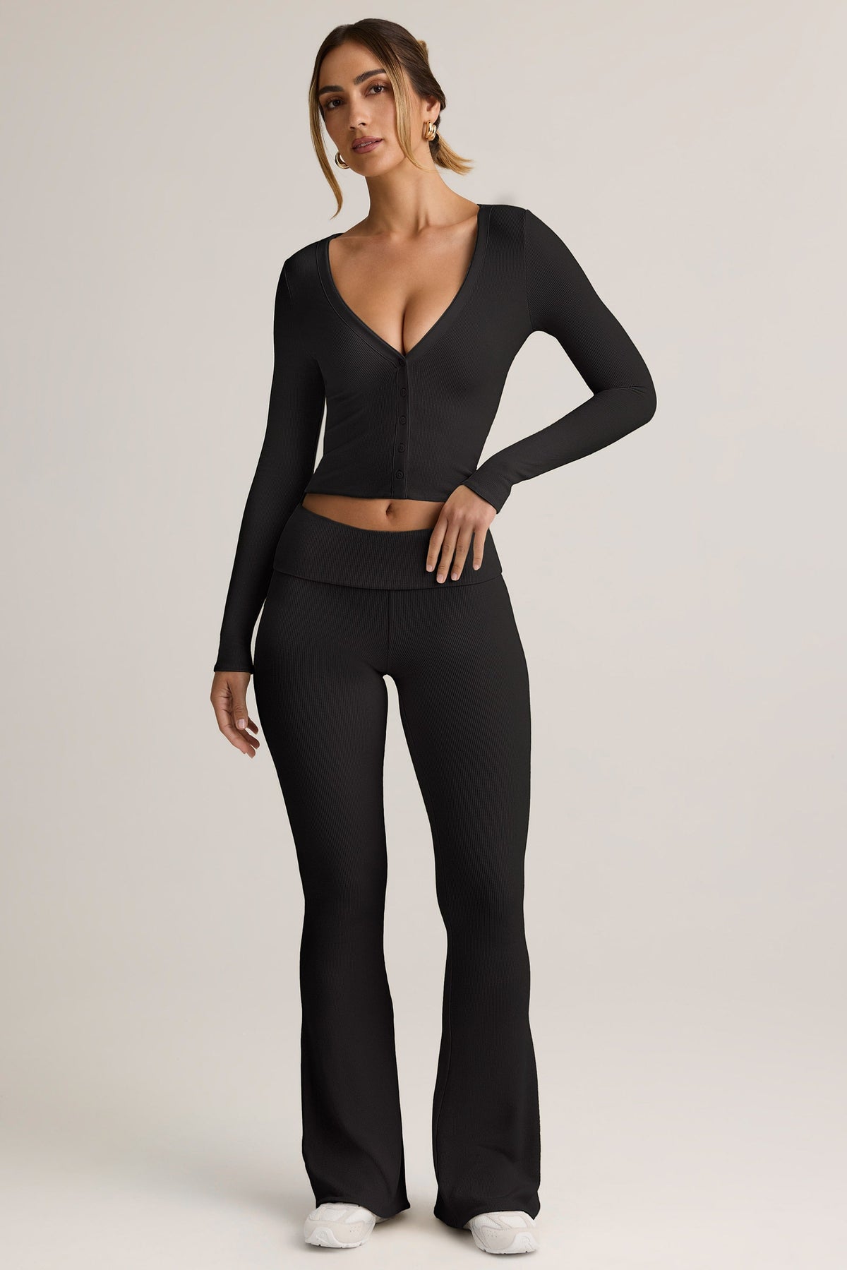 Chic Modal Ribbed Foldover Flared Trousers in Black