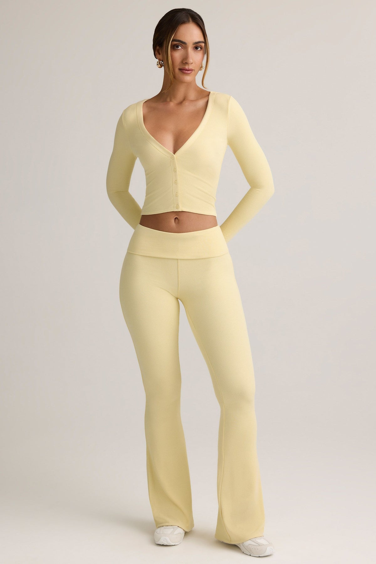 Chic Modal Ribbed Foldover Flared Trousers in Buttercream Yellow
