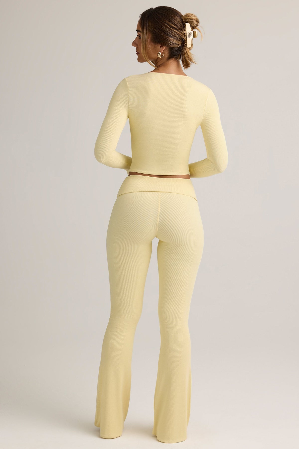 Chic Modal Ribbed Foldover Flared Trousers in Buttercream Yellow
