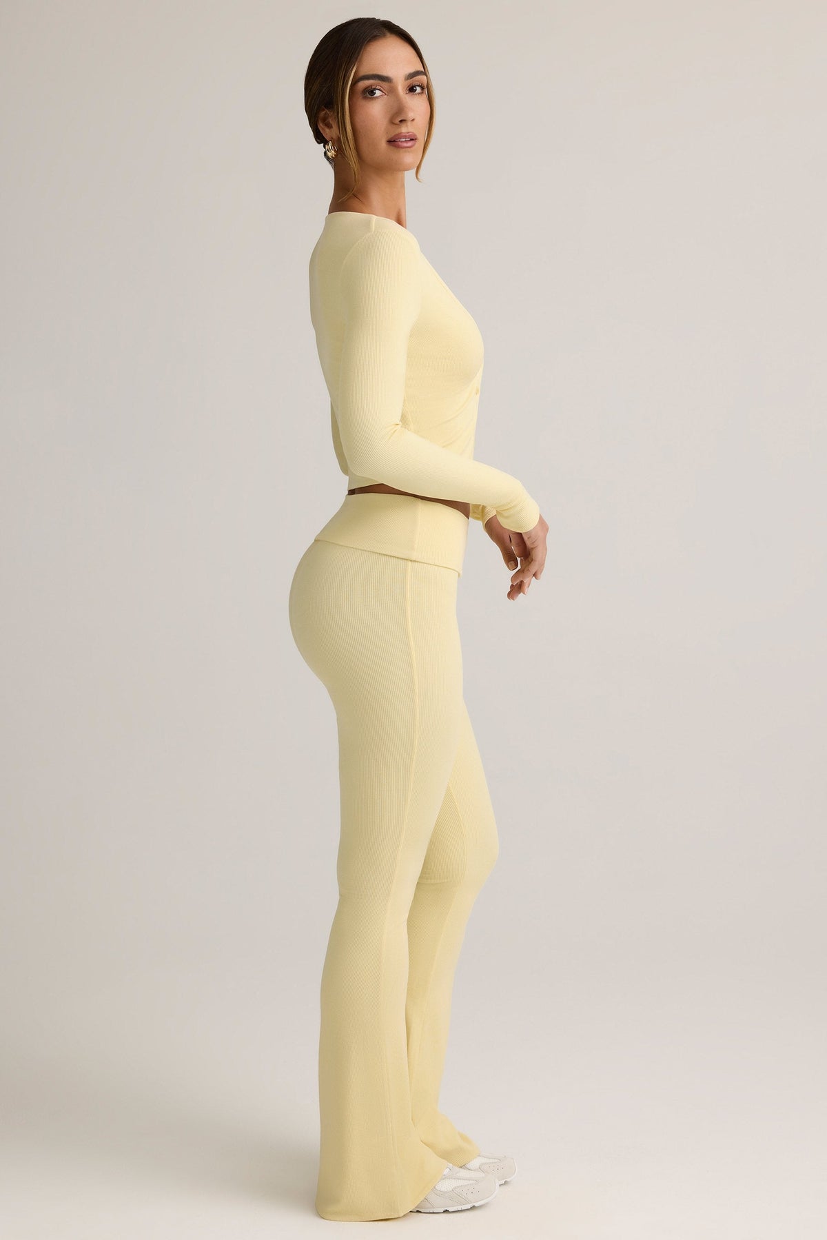 Chic Modal Ribbed Foldover Flared Trousers in Buttercream Yellow