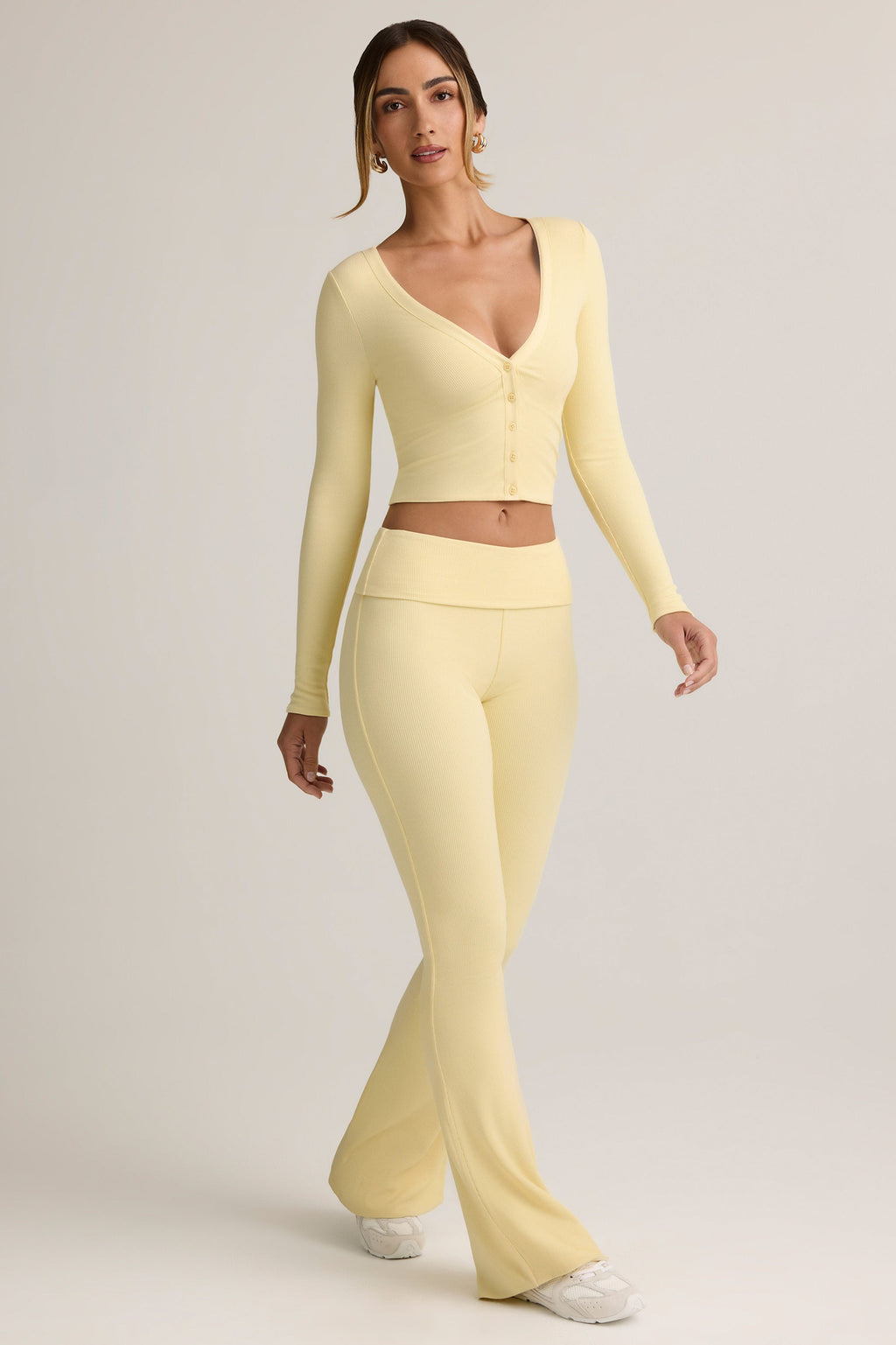Chic Modal Ribbed Foldover Flared Trousers in Buttercream Yellow