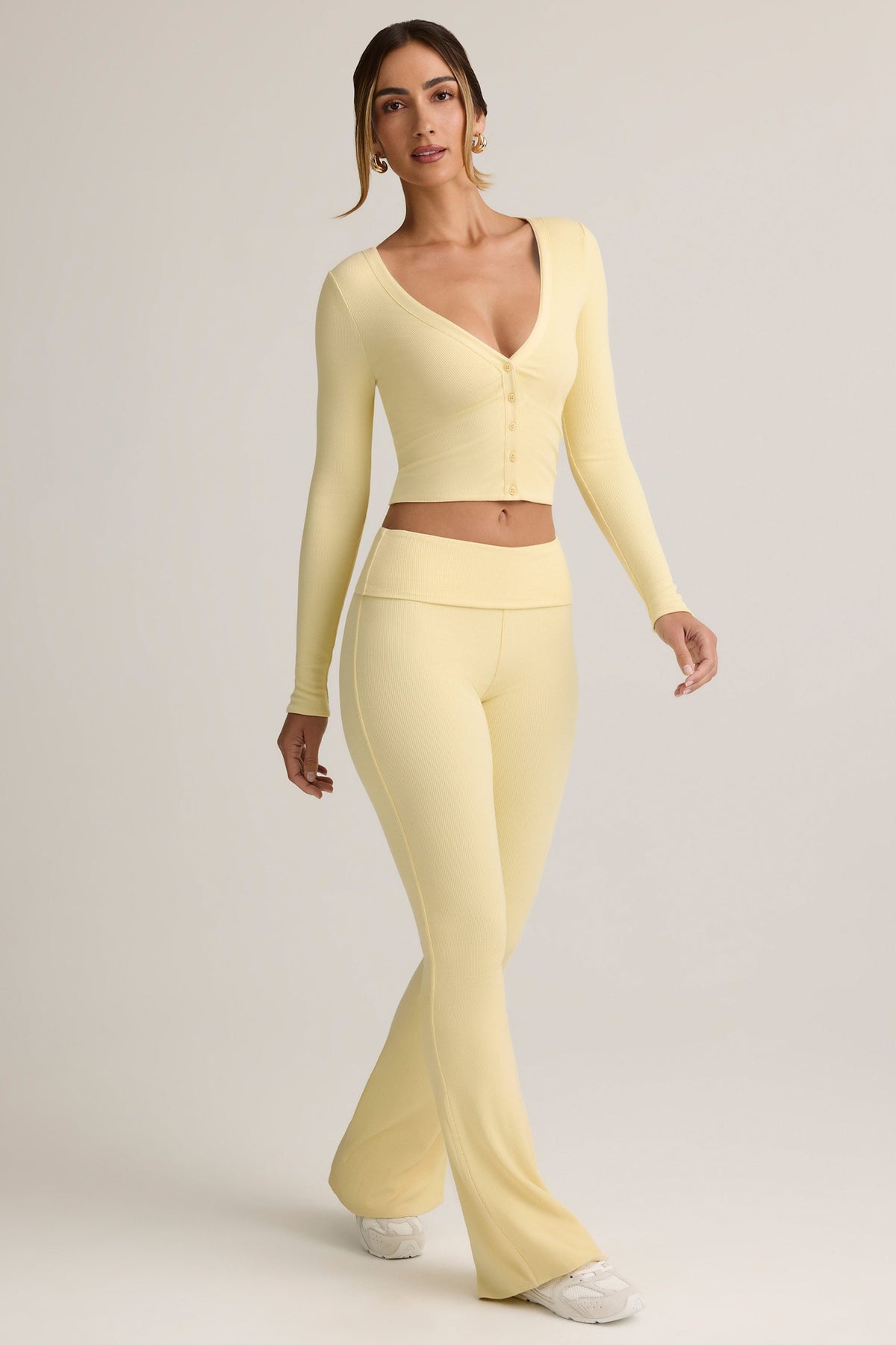 Chic Modal Ribbed Foldover Flared Trousers in Buttercream Yellow
