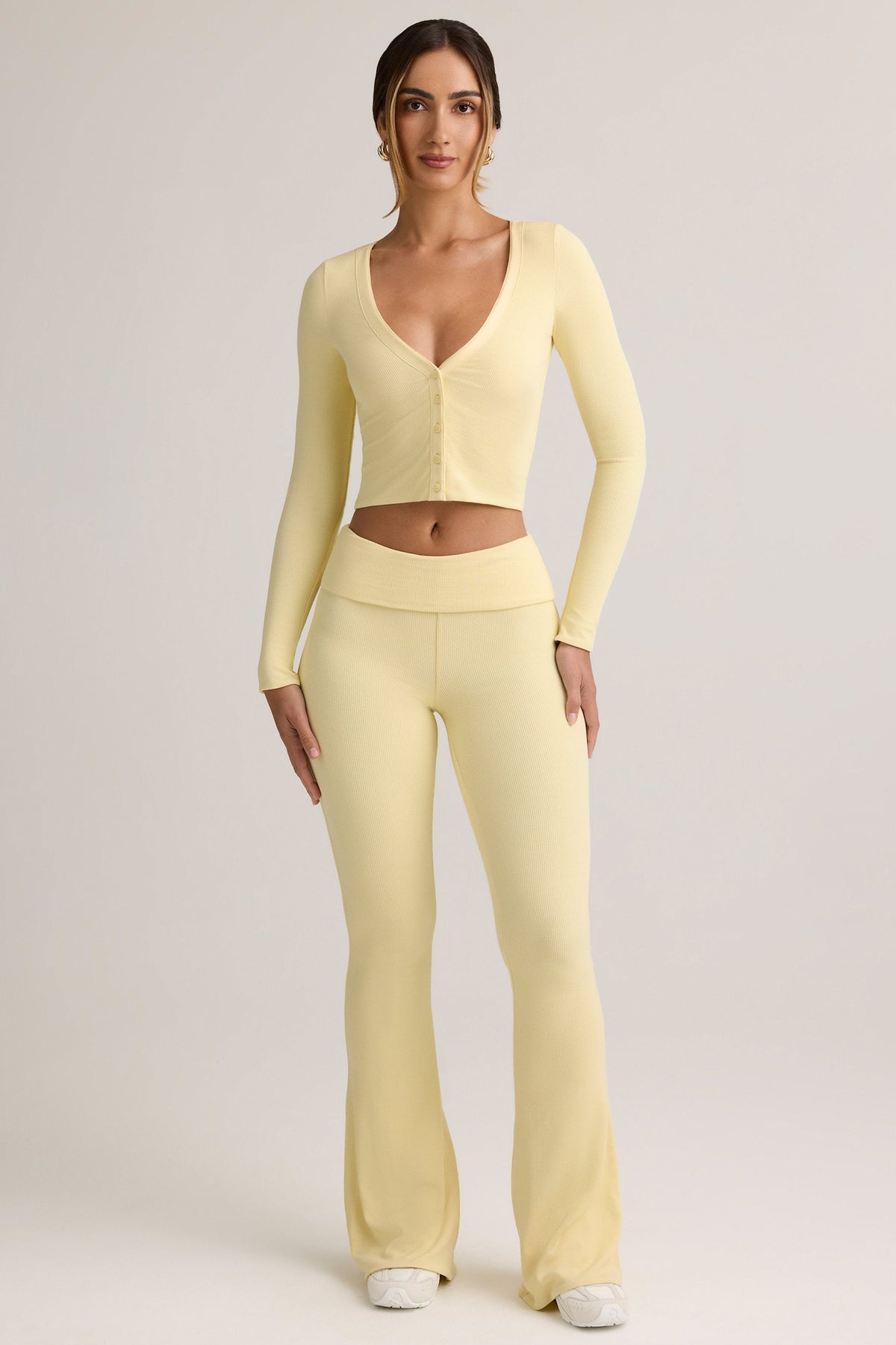 Chic Modal Ribbed Foldover Flared Trousers in Buttercream Yellow
