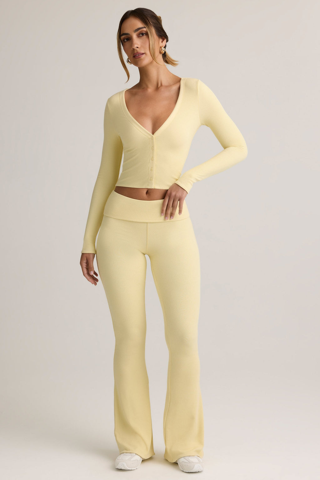 Chic Modal Ribbed Foldover Flared Trousers in Buttercream Yellow