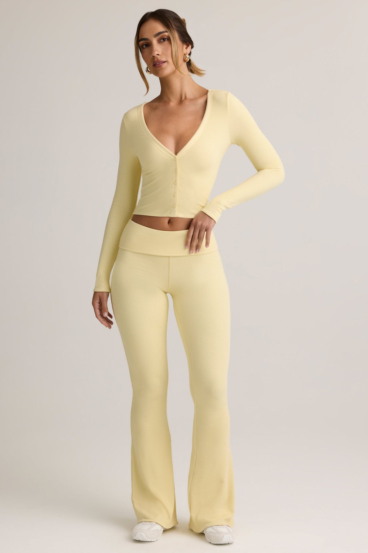 Chic Modal Ribbed Foldover Flared Trousers in Buttercream Yellow