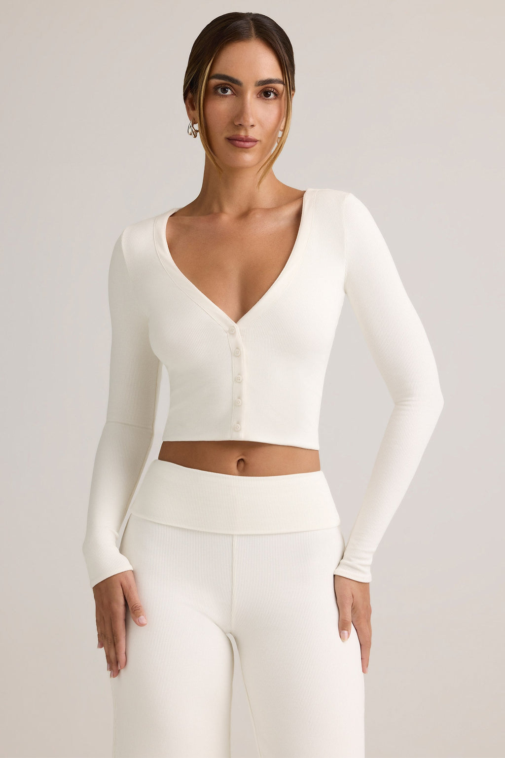 Chic Modal Ribbed Cropped Cardigan in White