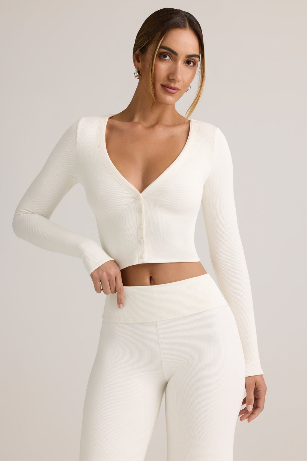 Chic Modal Ribbed Cropped Cardigan in White