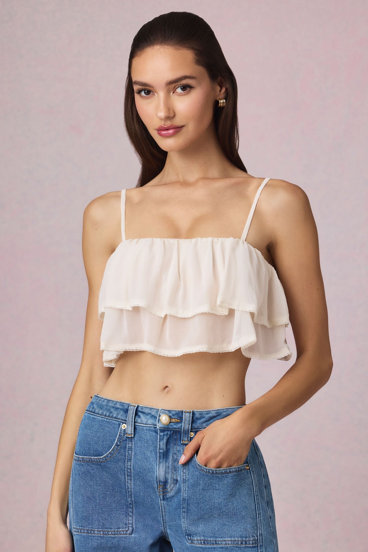 Chic Ruffled Cropped Camisole Top in Ivory