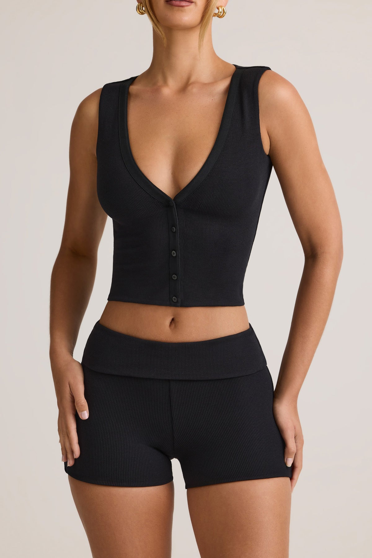 Chic Modal Ribbed Button-Up Vest Top in Black