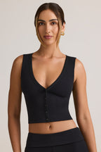 Chic Modal Ribbed Button-Up Vest Top in Black
